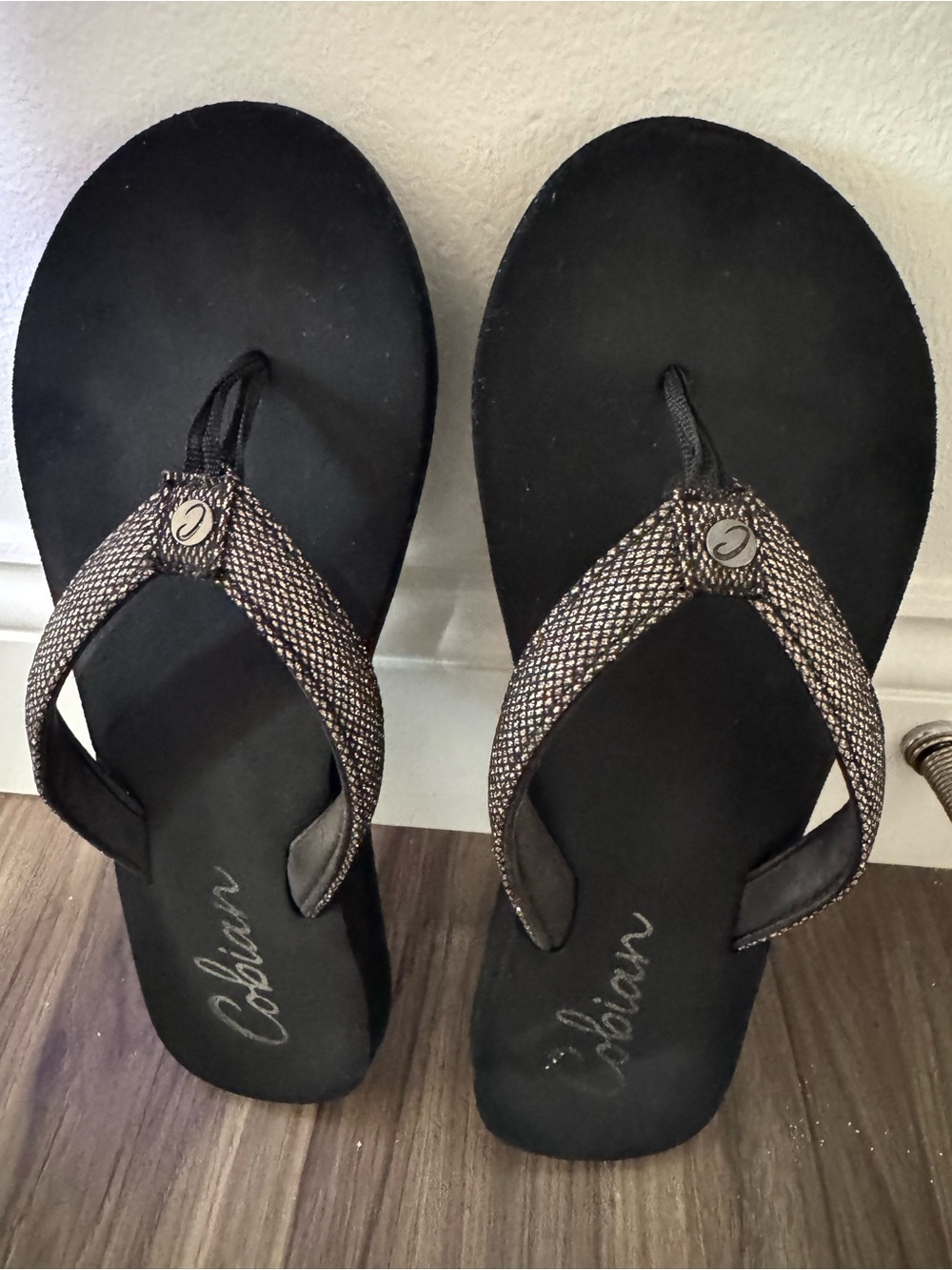 Cobian Women's Black Footbed Sandals with Metallic Bronze Straps